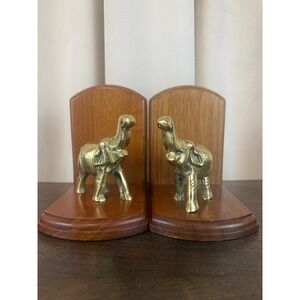 VTG MCM Brass Elephant Sculpture Bookends with‎ Oak Wood Base EUC!